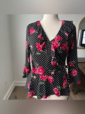 BCX Black Polka Dot Faux Wrap Top with Pink Floral Print